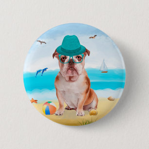 English Bulldog on Beach Button