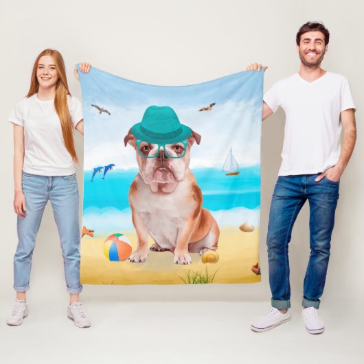 English Bulldog on Beach Fleecedecke (Beispiel)