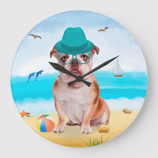 English Bulldog on Beach Große Wanduhr (Vorderseite)