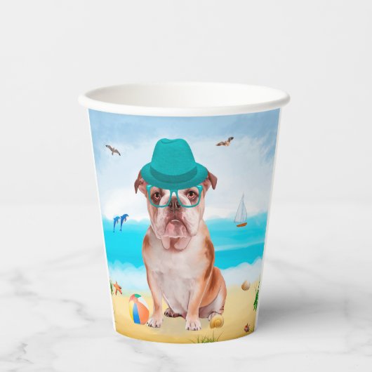 English Bulldog on Beach Pappbecher (Vorderseite)