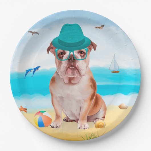 English Bulldog on Beach Pappteller (Vorderseite)