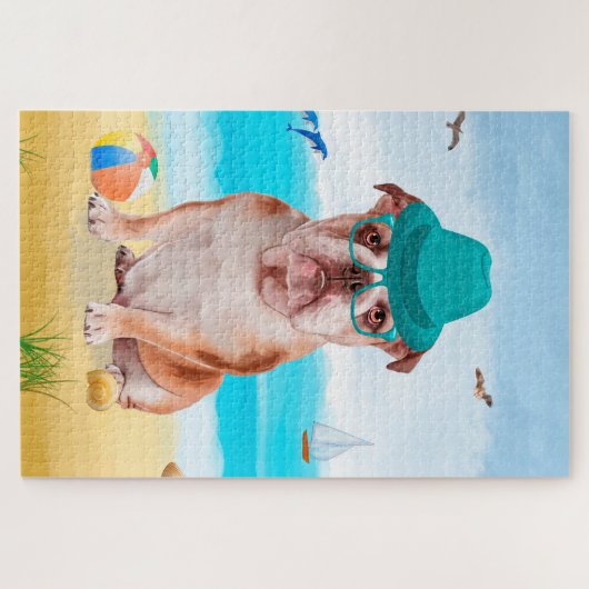 English Bulldog on Beach Puzzle (Horizontal)