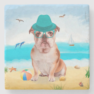 English Bulldog on Beach Steinuntersetzer