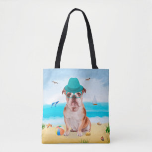 English Bulldog on Beach Tasche