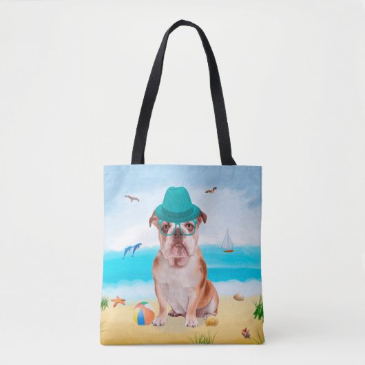 English Bulldog on Beach Tasche (Vorderseite)