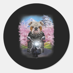 English Bulldog on Motorrad Tour Japanischer Garte Runder Aufkleber