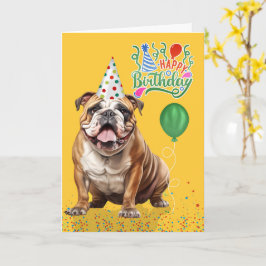 English Bulldog Party Hat Yellow Birthday Karte