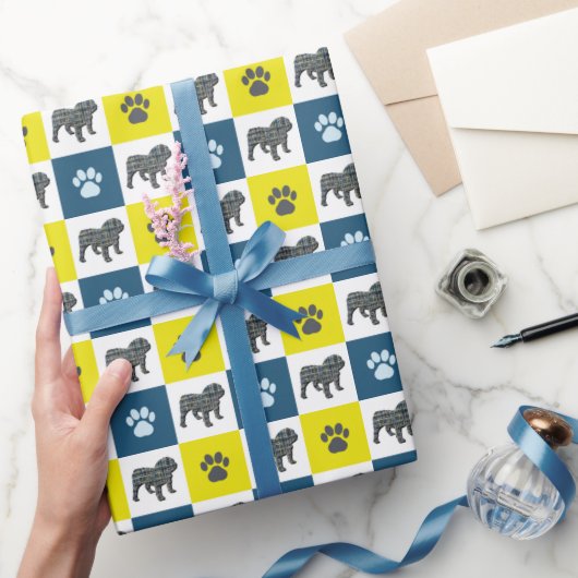 English Bulldog & Paw Silhouette Yellow&Blue Grid Geschenkpapier (Schenken)