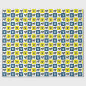 English Bulldog & Paw Silhouette Yellow&Blue Grid Geschenkpapier (Flach)