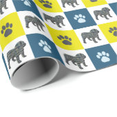 English Bulldog & Paw Silhouette Yellow&Blue Grid Geschenkpapier (Rolleneckpunkt)