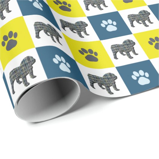 English Bulldog & Paw Silhouette Yellow&Blue Grid Geschenkpapier (Rolleneckpunkt)