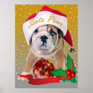 English bulldog puppy in Santa Hat Print Poster