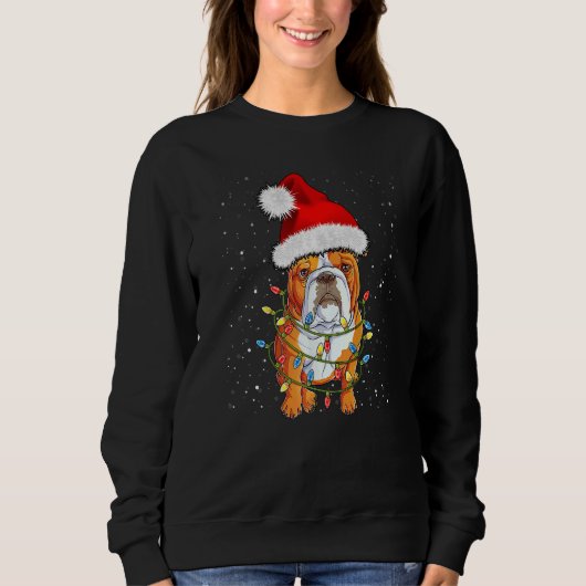 English Bulldog Santa Christmas Tree Lights Xmas Sweatshirt (Vorderseite)