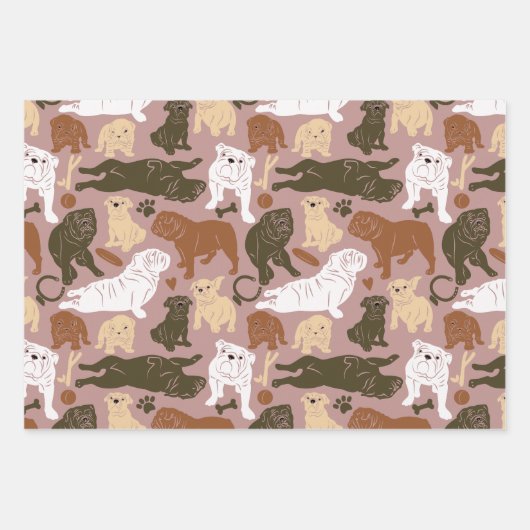 English Bulldog Silhouette in drei Farben Geschenkpapier Set (Vorderseite)