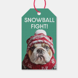 English Bulldog Snowball Fight Geschenk Tag Geschenkanhänger