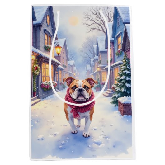 English Bulldog Snowy Christmas Village Holiday Mittlere Geschenktüte (Vorderseite)