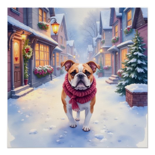 English Bulldog Snowy Christmas Village Holiday Poster (Vorderseite)