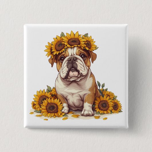English Bulldog Sunflower Crown Button (Vorderseite)