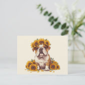 English Bulldog Sunflower Crown Postkarte (Stehend Vorderseite)