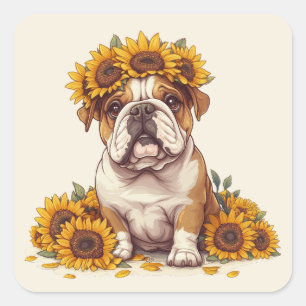 English Bulldog Sunflower Crown Quadratischer Aufkleber