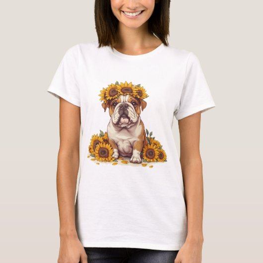 English Bulldog Sunflower Crown T-Shirt (Vorderseite)