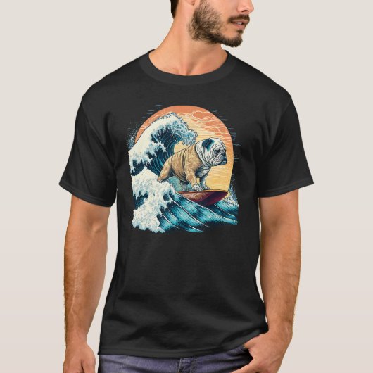 English Bulldog Surfing On the Great Wave of Kanag T-Shirt (Vorderseite)