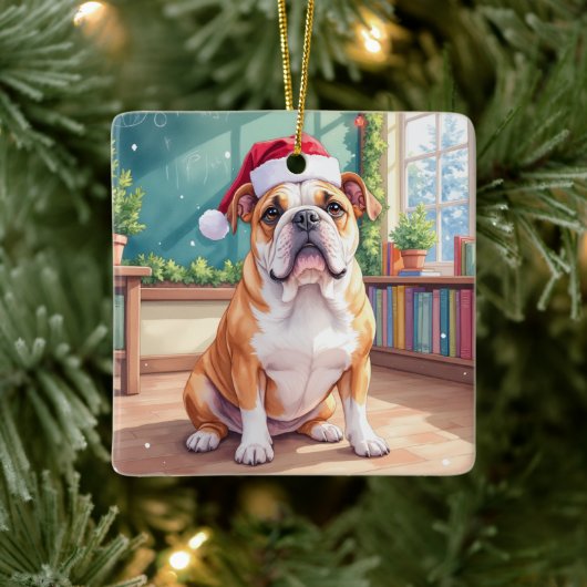 English Bulldog Teacher Classroom Santa Hat Keramikornament (Baum)