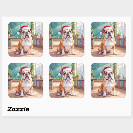 English Bulldog Teacher Classroom Santa Hat Quadratischer Aufkleber (Blatt)