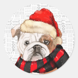English Bulldog und Woof Word Art Weihnachten Runder Aufkleber