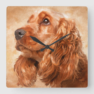 English Cocker Spaniel Dog Digital Art Quadratische Wanduhr