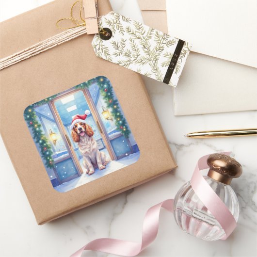 English Cocker Spaniel Nurse Station Santa Hat Quadratischer Aufkleber (Schenken)