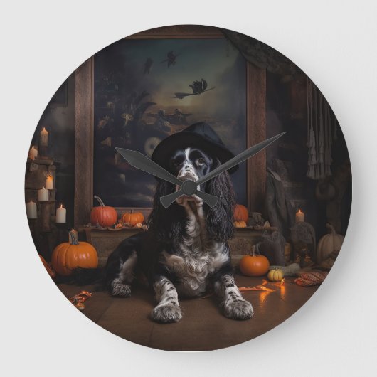 English Cocker Spaniel Pumpkins Halloween Beängsti Große Wanduhr (Vorderseite)