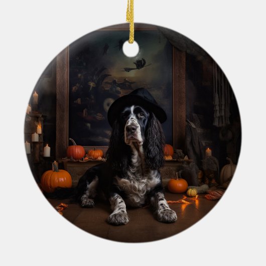 English Cocker Spaniel Pumpkins Halloween Beängsti Keramik Ornament (Hinten)