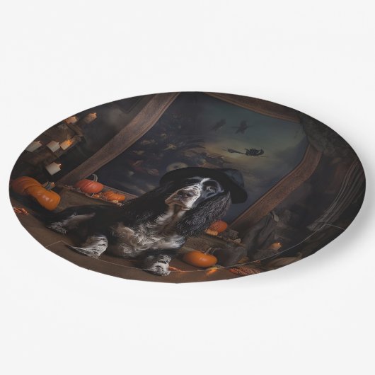 English Cocker Spaniel Pumpkins Halloween Beängsti Pappteller (Schrägansicht)