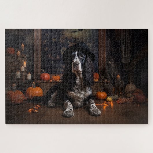 English Cocker Spaniel Pumpkins Halloween Beängsti Puzzle (Horizontal)