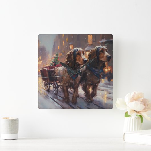 English Cocker Spaniel Weihnachtsfeiersaison Quadratische Wanduhr (Zuhause)