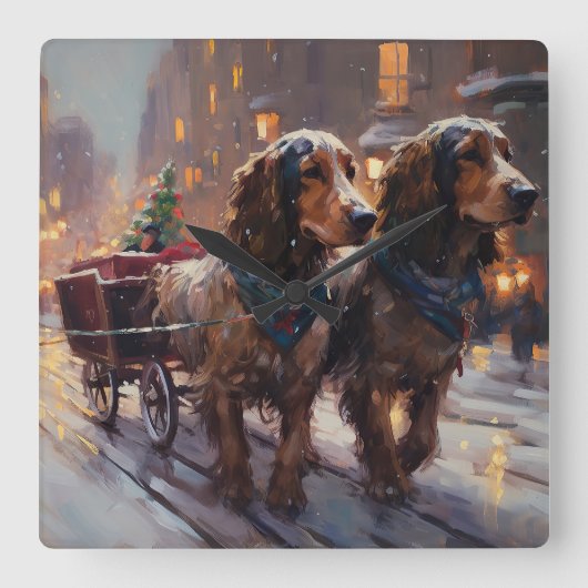 English Cocker Spaniel Weihnachtsfeiersaison Quadratische Wanduhr (Vorderseite)