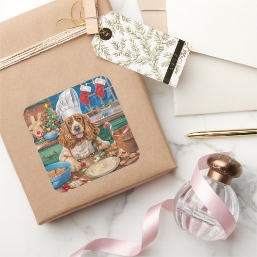 English Cocker Spanisch Holiday Baking: Weihnachte Quadratischer Aufkleber (Schenken)
