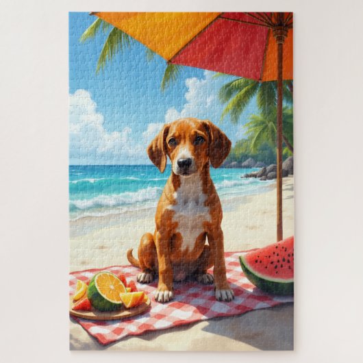 English Foxhound Beach Relax Scene Puzzle (Vertikal)