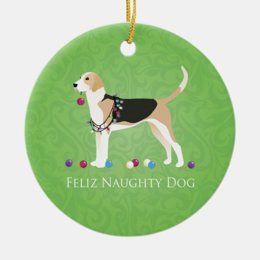 English Foxhound Christmas - Feliz Naughty Dog Keramikornament (Vorne)