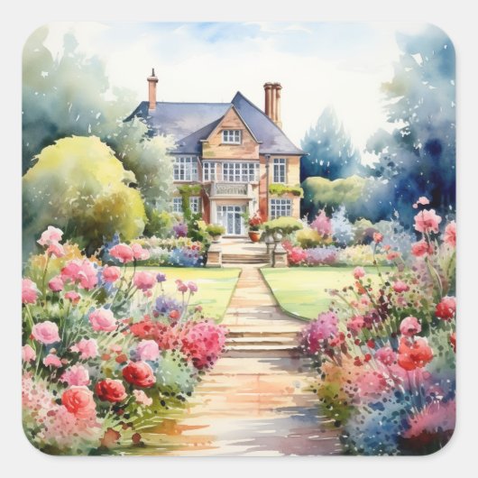 English Garden Landscape Quadratischer Aufkleber (Vorderseite)