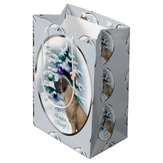 English Mastiff Christmas Mittlere Geschenktüte (Rückseite Schrägansicht)