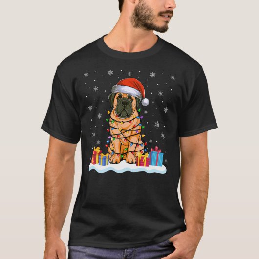 English Mastiff Dog Santa Hat Christmas Tree Light T-Shirt (Vorderseite)