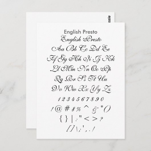 English Presto - Zazzle Schriftart Sampler Sheet Postkarte (Vorne/Hinten)