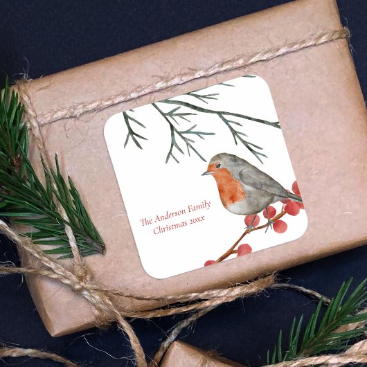 English RedBrustbrust Robin Bird Weihnachten Quadratischer Aufkleber