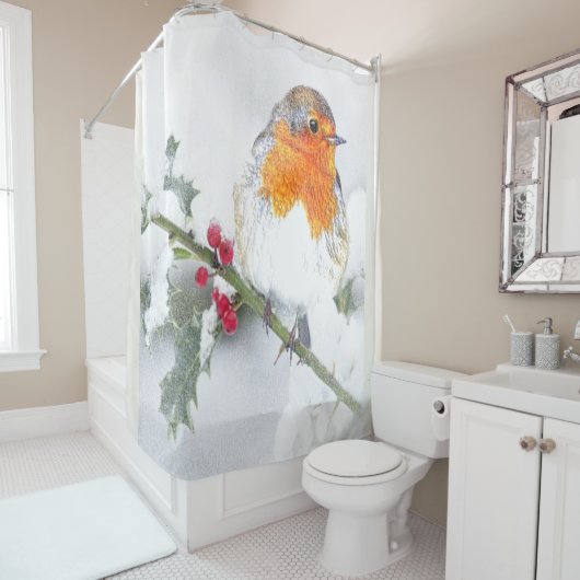 English Robin Winter Holly Berries Weihnachtskunst Duschvorhang (Beispiel)