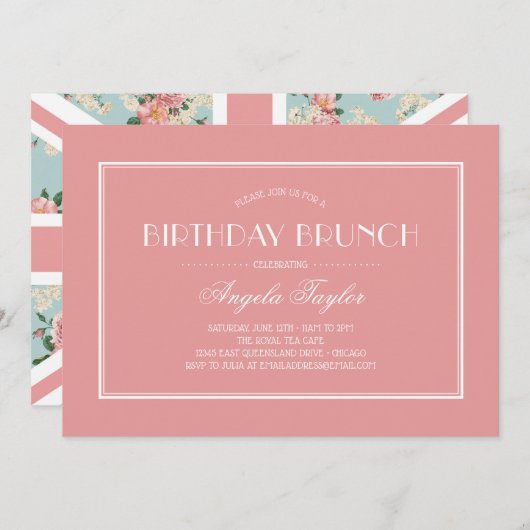 English Rose Union Jack Birthday Einladung (Vorne/Hinten)