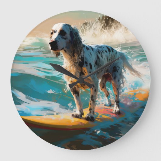 English Setter Beach Surfgrafik Große Wanduhr (Vorderseite)