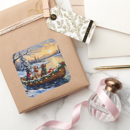 English Setter Christmas Boat Holiday Quadratischer Aufkleber (Schenken)