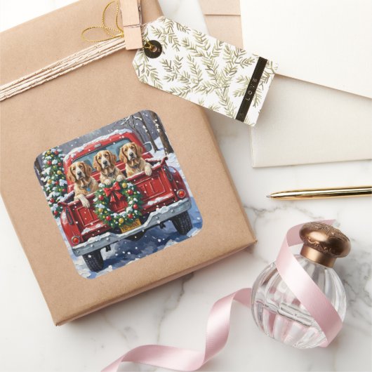 English Setter Christmas Red Truck Holiday Quadratischer Aufkleber (Schenken)